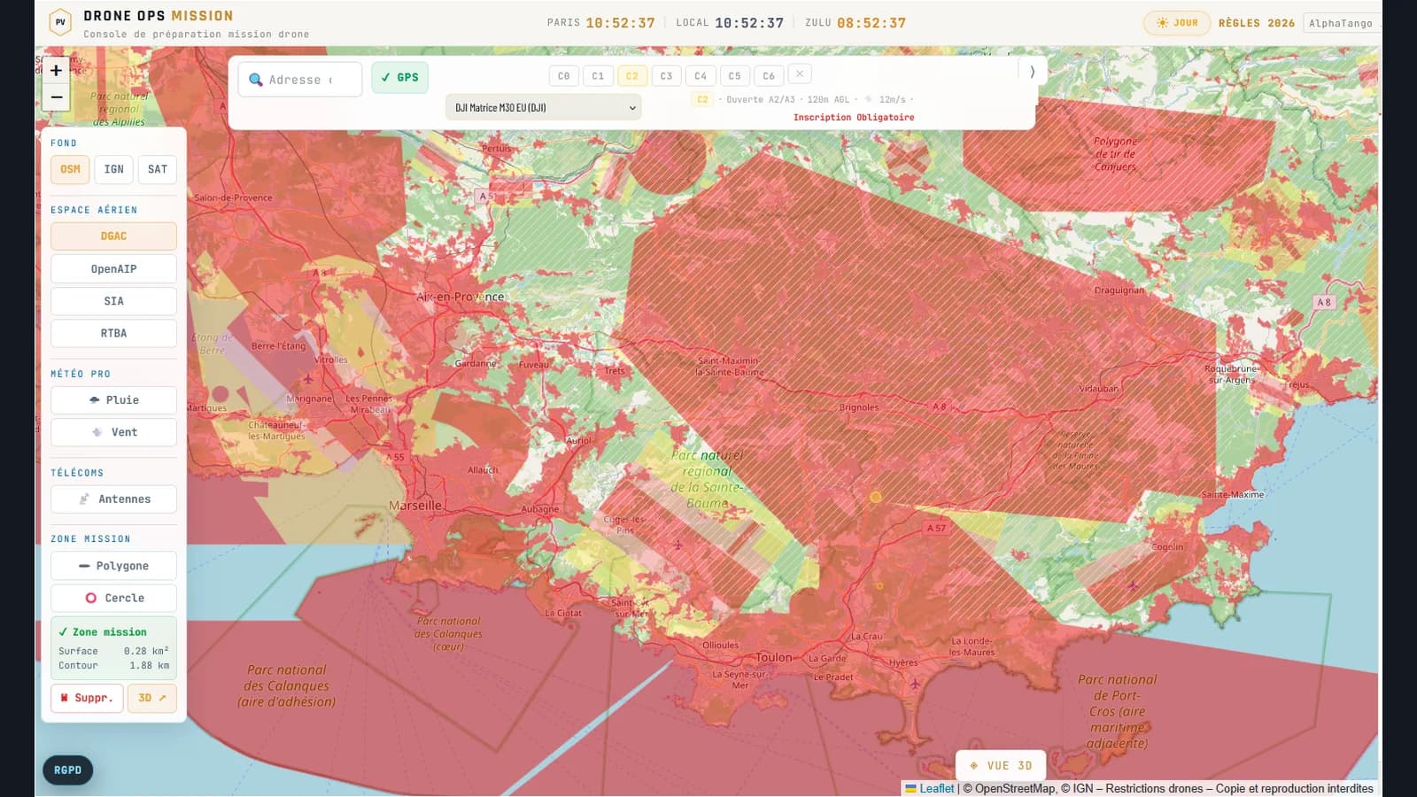 Console Drone Ops Mission — carte avec couches espace aérien DGAC/OpenAIP/SIA actives